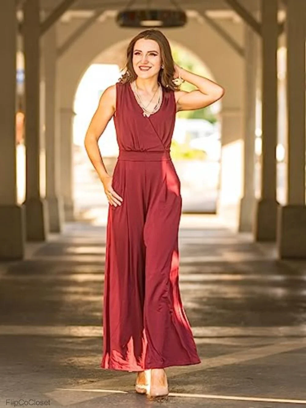 Sleeveless V Neck Wide Leg Jumpsuit with Belt